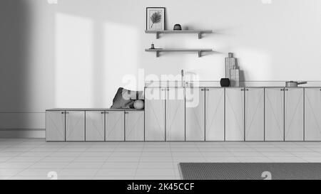 Blueprint unfinished project draft, minimalist japandi kitchen. Wallpaper, wooden cabinets, shelves and bench. Concrete floor, wabi sabi interior desi Stock Photo