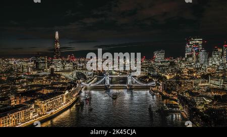 Aerial view of Tower Bridge and London City at night, London, United Kingdom, 30th September 2022  (Photo by Arron Gent/News Images) Stock Photo