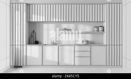 Blueprint unfinished project draft, japandi trendy wooden kitchen. Modern cabinets, contemporary wallpaper and concrete floor. Minimalist interior des Stock Photo