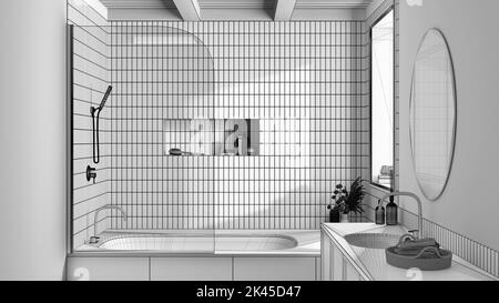 Blueprint unfinished project draft, japandi minimalist bathroom. Marble bathtub and wooden washbasin. Farmhouse interior design Stock Photo