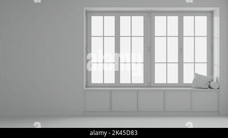 Total white project draft, country panoramic window with wooden siting bench. Background with copy space Stock Photo