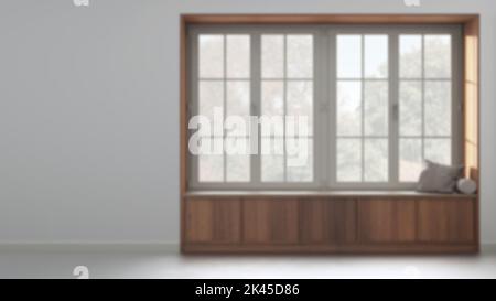 Country panoramic window with wooden siting bench in white and beige ...