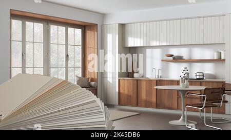 Color palette close up sample. Paint selection catalog over interior design scene, scandinavian japandi kitchen and dining room with big window Stock Photo