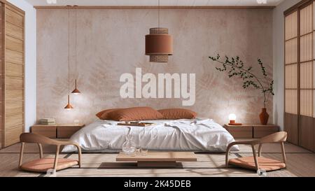 Japandi bedroom in white and orange tones with macrame wall art and ...