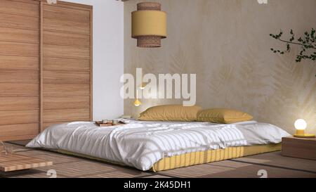 Japandi bedroom in white and yellow tones with macrame wall art and ...
