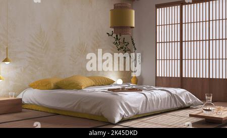 Japandi bedroom in white and yellow tones with macrame wall art and ...