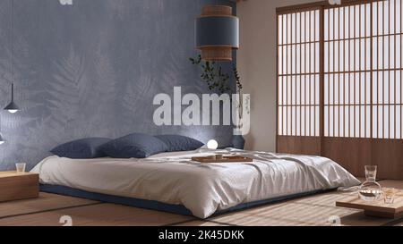 Japandi bedroom in white and purple tones with macrame wall art and ...