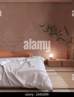 Japandi bedroom in white and orange tones with macrame wall art and ...