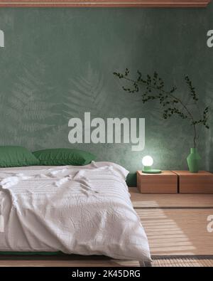 Japandi bedroom in white and green tones with macrame wall art and ...