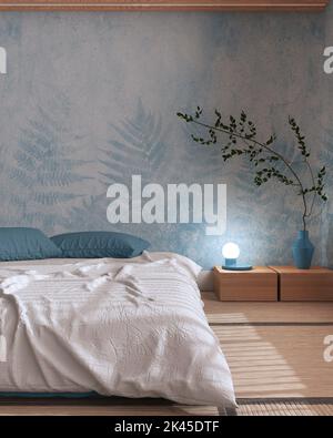 Japandi bedroom in white and blue tones with macrame wall art and ...