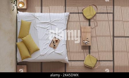 Japandi bedroom in white and yellow tones with macrame wall art and ...