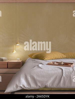 Japandi bedroom in white and yellow tones with macrame wall art and ...