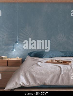 Japandi bedroom in white and blue tones with macrame wall art and ...