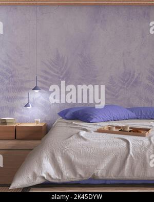 Japandi bedroom in white and purple tones with macrame wall art and ...