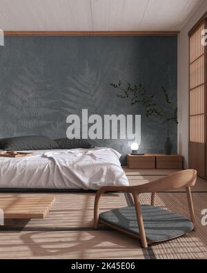 Japandi bedroom in white and gray tones with macrame wall art and ...