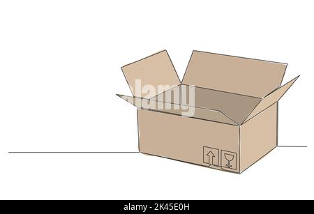 singe line drawing of open cardboard box isolated on white background, line art vector illustration Stock Vector