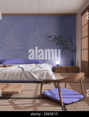 Japandi bedroom in white and purple tones with macrame wall art and ...
