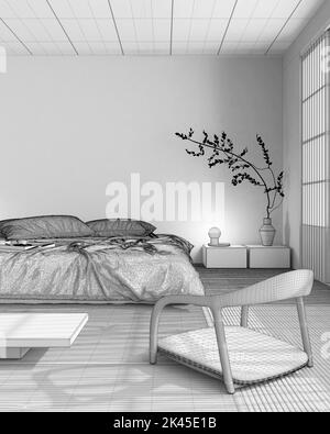 Blueprint unfinished project draft, japandi bedroom mock up. Bed with pillows, wallpaper, japanese minimal interior design with copy space Stock Photo