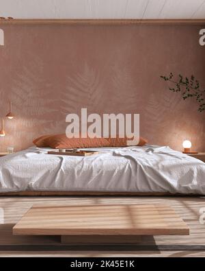 Japandi bedroom in white and orange tones with macrame wall art and ...