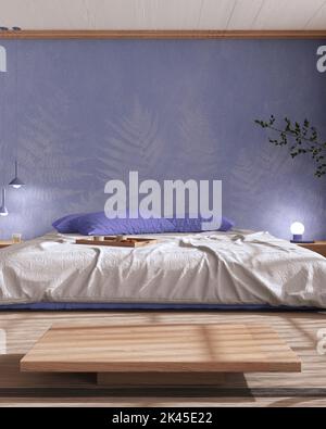 Japandi bedroom in white and purple tones, japanese style. Double bed ...