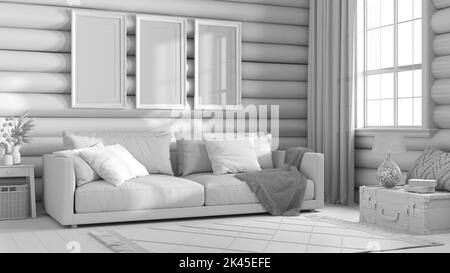 Total white project draft, log cabin living room. Fabric sofa, carpet and windows. Frame mockup, farmhouse interior design Stock Photo