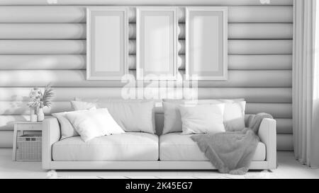 Total white project draft, log cabin living room, front view. Frame mock up, fabric sofa with pillows. Farmhouse interior design Stock Photo