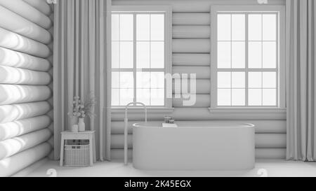 Total white project draft, wooden farmhouse log cabin. Vintage bathroom with bathtub, panoramic windows, rustic interior design Stock Photo