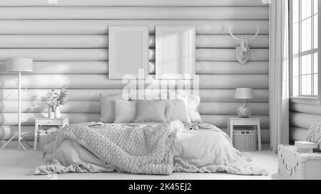 Total white project draft, log cabin bedroom. Double bed with blanket and duvet, wooden side tables. Frame mockup, farmhouse interior design Stock Photo