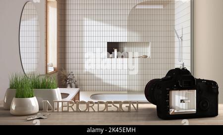 Architect photographer designer desktop concept, camera on wooden work desk with screen showing interior design project, minimalist japandi bathroom Stock Photo