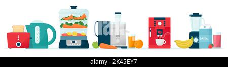 Big set of kitchen appliances for quick and convenient cooking and drinking. Vector illustration in flat style Stock Vector