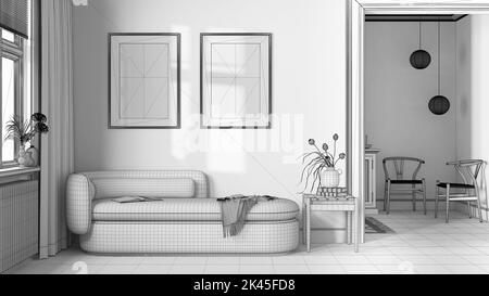 Blueprint unfinished project draft, classic minimal living room with carpeted floor, wallpaper and fabric sofa. Elegant vintage interior design Stock Photo