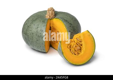 Single French Crown prince Pumpkin  and a slice close up isolated on white background Stock Photo