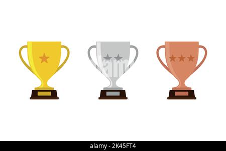 Gold, silver and bronze trophy icons. Vector trophy cups in flat style. Stock Vector