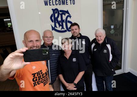 Selkirk, UK. 30th Sep, 2022. Tim Tunnicliff takes a selfie with staff and members at rugby clubrooms in Selkirk on Day 24 - Gala RFC to JedForest RFC. The Great Rugger Run 2022 taking place in Scotland between September 7th and October 1st, 2022. The route will take in the West Highlands, Glasgow, Ayrshire, Stirling, Dundee, Edinburgh and finishing in The Borders C Over 500 miles in 25 days! Credit: Rob Gray/Alamy Live News Stock Photo