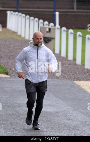 Selkirk, UK. 30th Sep, 2022. Tim Tunnicliff arrives in Selkirk on Day 24 - Gala RFC to JedForest RFC. The Great Rugger Run 2022 taking place in Scotland between September 7th and October 1st, 2022. The route will take in the West Highlands, Glasgow, Ayrshire, Stirling, Dundee, Edinburgh and finishing in The Borders C Over 500 miles in 25 days! Credit: Rob Gray/Alamy Live News