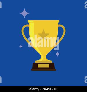Victory golden trophy icon. Sparkling gold cup with star on blue background in flat style. Stock Vector