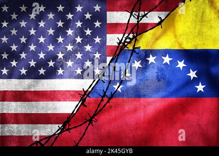 Grunge flags of USA and Venezuela divided by barb wire illustration, concept of tense relations between USA and Venezuela Stock Photo