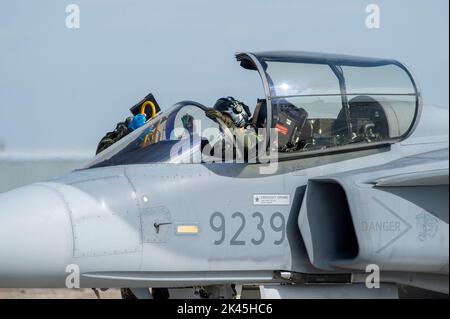 Caslav, Czech Republic. 30th Sep, 2022. Czech Saab JAS-39 Gripen jets, deployed in Latvia in early April to secure the air space of the Baltic countries, returned to Caslav, Czech Republic, on September 30, 2022. Credit: Josef Vostarek/CTK Photo/Alamy Live News Stock Photo