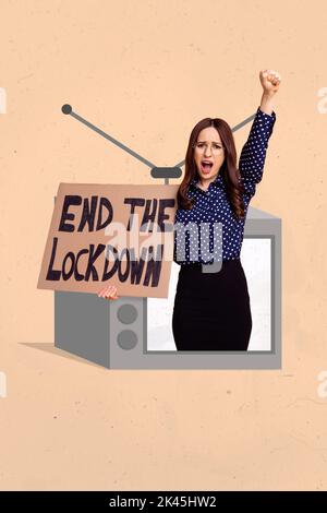 Composite collage portrait of angry girl protester inside retro tv screen hand hold end the lockdown banner raise fist Stock Photo