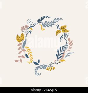Elegant autumn wreath of leaves, twigs and clusters of rowan. Vector trendy illustration for design. Stock Vector