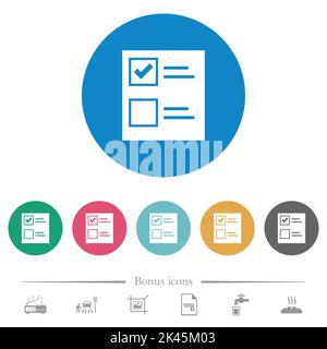 Ballot paper solid flat white icons on round color backgrounds. 6 bonus icons included. Stock Vector