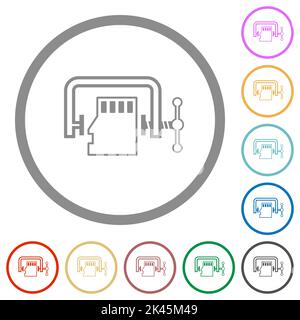 Micro sd memory card compress outline flat color icons in round outlines on white background Stock Vector
