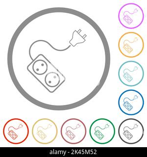 Portable electrical outlet with two sockets and extension cord and plug outline flat color icons in round outlines on white background Stock Vector