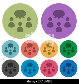 Three talking persons with oval bubble solid darker flat icons on color round background Stock Vector