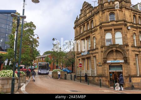 Street scene in historic town of Oldham, UK, known in the past as the biggest cotton-spinning town in the world. Stock Photo