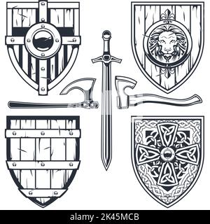 Set of medieval shields with celtic pattern and ornaments, knight armor, chivalry shields, vector Stock Vector