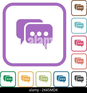 Two rounded square active chat bubbles solid simple icons in color rounded square frames on white background Stock Vector