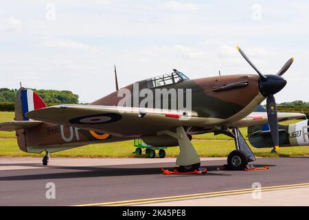Private owned Hawker Hurricane Mk1, R4118 of the Hurricane Heritage parked static at , RAF Waddington Air Show, 2005. Waddington, Lincolnshire, England. Stock Photo