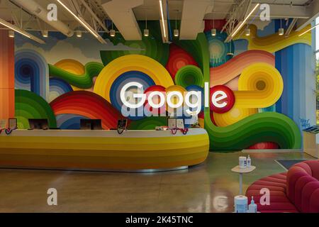 MOUNTAIN VIEW, CA - AUGUST 29, 2022: Google logo inside the reception of Google Headquarters in Mountain View, CA Stock Photo