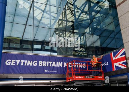 Work carried out on signage in Birmingham ahead of the Conservative Party annual conference, which takes place at the International Convention Centre in the city next week. Picture date: Friday September 30, 2022. Stock Photo